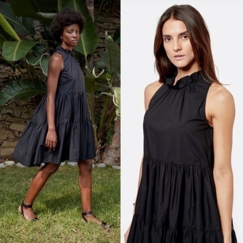 Joie Carlo Poplin Cotton Midi Ruffle Dress in Black S